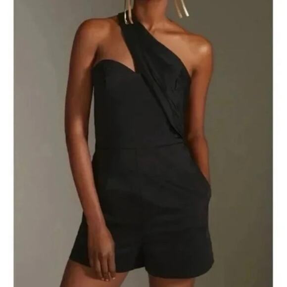 HUTCH x ANTHROPOLOGIE | One-Shoulder Romper Black Ruched Shorts Dressy | Size 4 - Picture 1 of 10